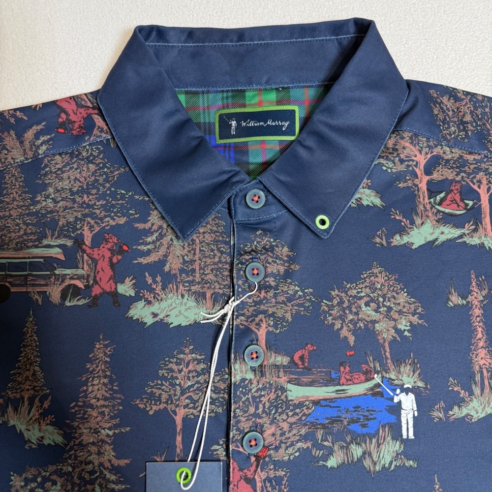 William Murray Bear Handed Polo Shirt Short Sleeve Graphic Print Blue Mens Small